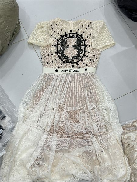 Váy Amy ren ngắn tay đính hoa đen phối voan