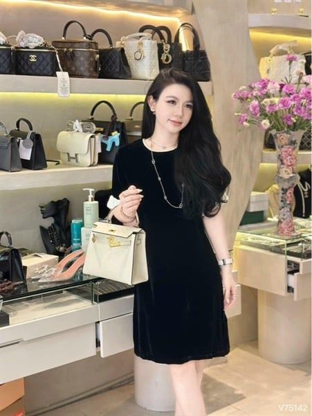 Váy nhung ngắn tay viền cổ ngọc phối tay (*)