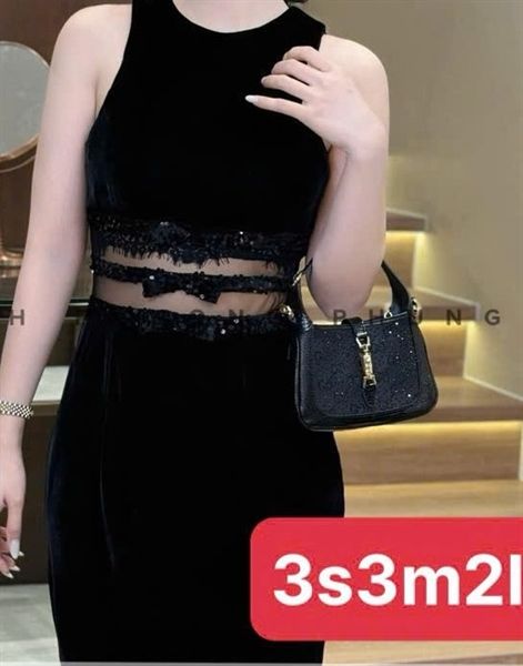 Váy YSL nhung khoét nách lưới eo nơ cườm