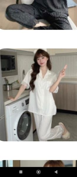 Set pijama lụa ngắn tay phối ren đính đá túi (*)