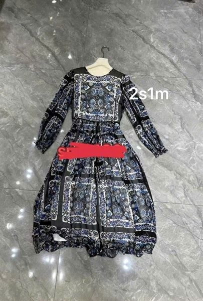 Váy dài tay tơ ht hoa xanh đen