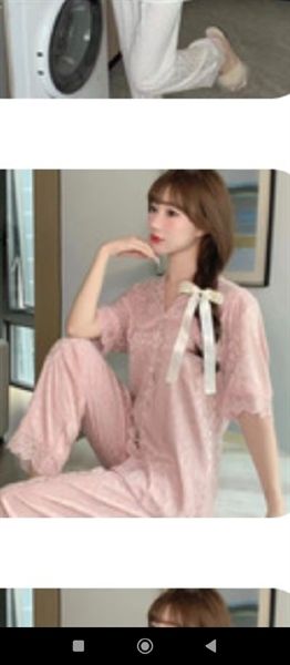 Set pijama lụa ngắn tay phối ren đính đá túi (*)