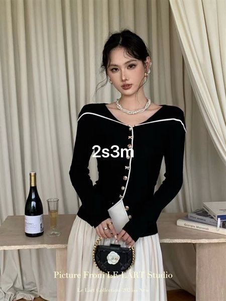 AKN Le Lart len cổ viền trắng cúc nơ (XL395)