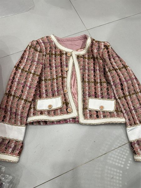 AKN dạ tweed hồng kẻ phối trắng