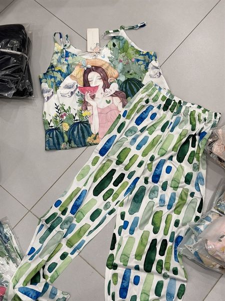 Set pzm lụa dài áo 2 dây ht cô gái dưa hấu