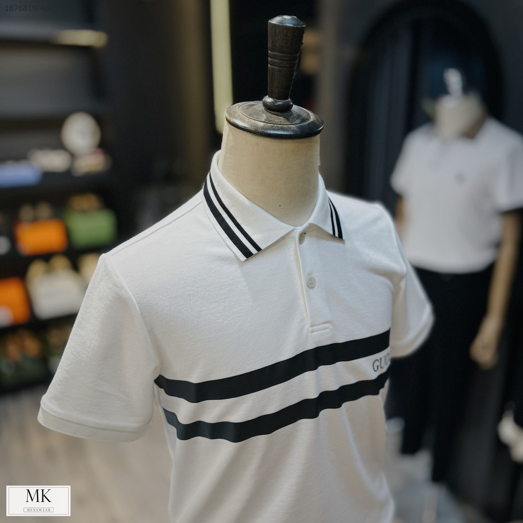 MK Áo Polo Ngắn Tay Nam Nữ G Màu Trắng Cải Cổ Kẻ Ngang Ngữ 24