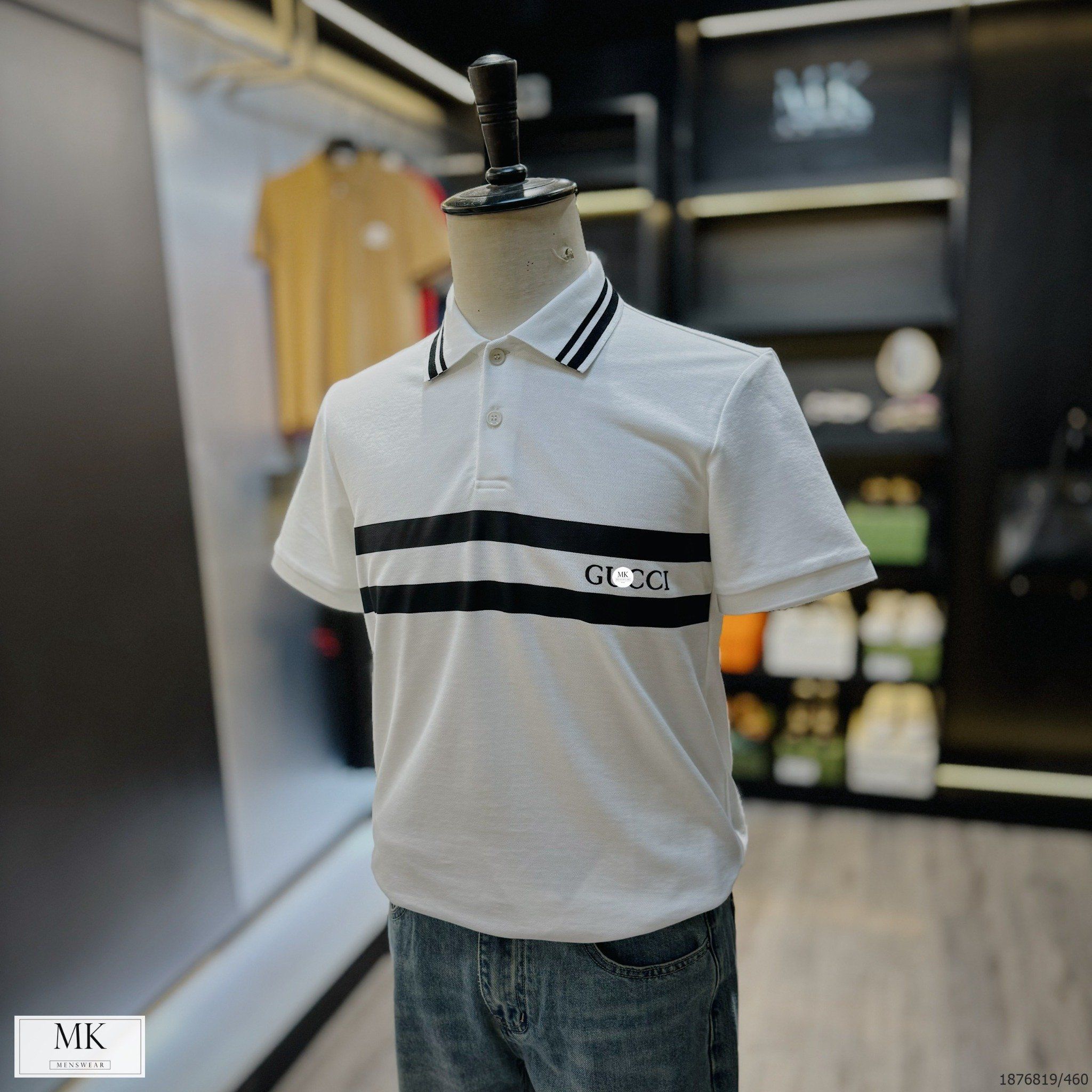 MK Áo Polo Ngắn Tay Nam Nữ G Màu Trắng Cải Cổ Kẻ Ngang Ngữ 24