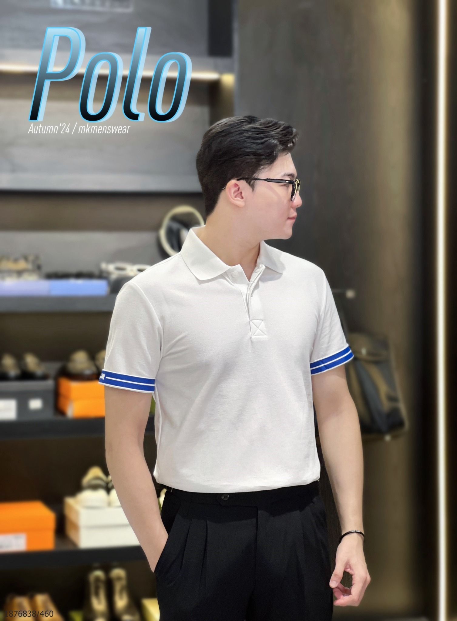 MK Áo Polo Ngắn Tay Nam Nữ Duy Nhất Màu Trắng Cải Viền Tay Xanh