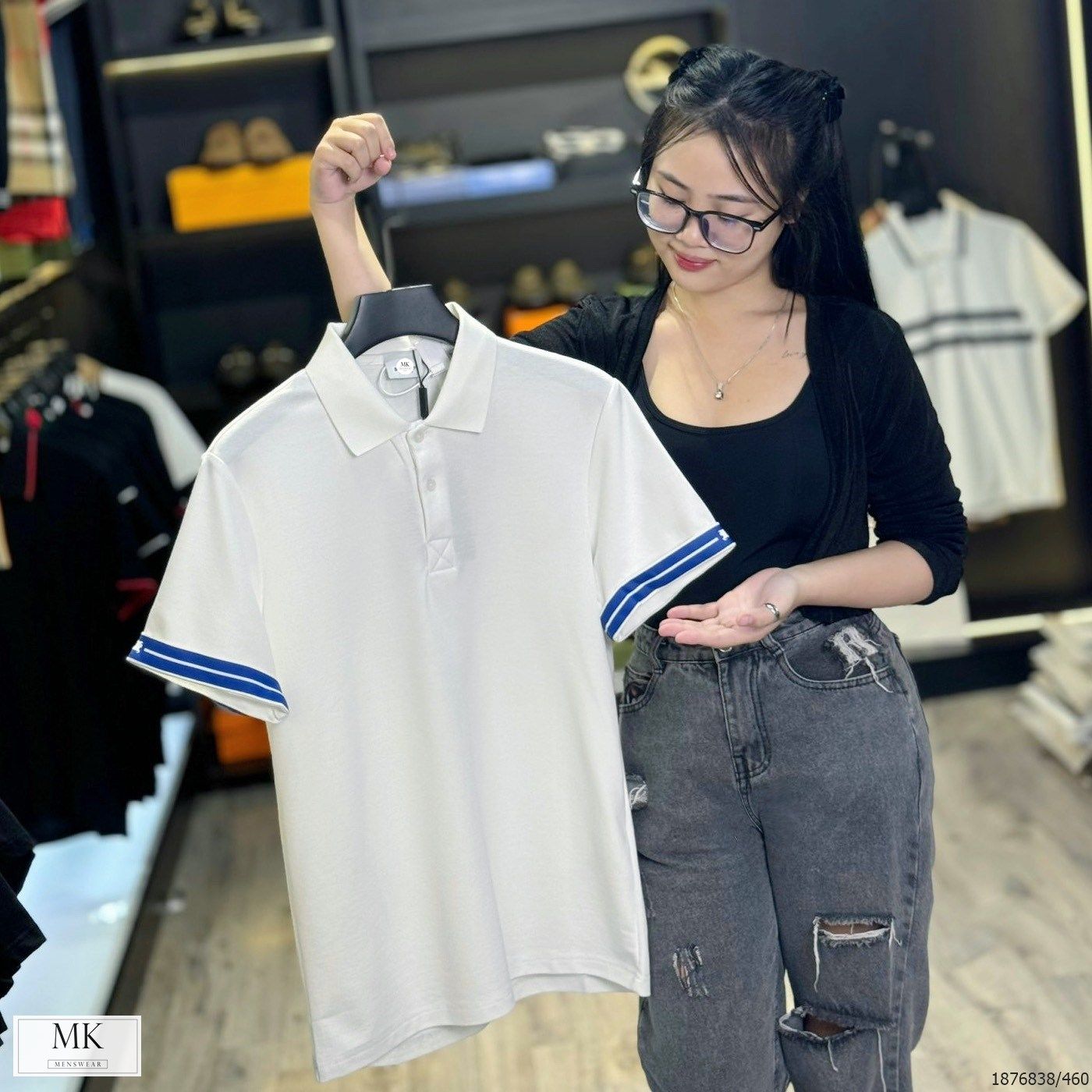 MK Áo Polo Ngắn Tay Nam Nữ Duy Nhất Màu Trắng Cải Viền Tay Xanh