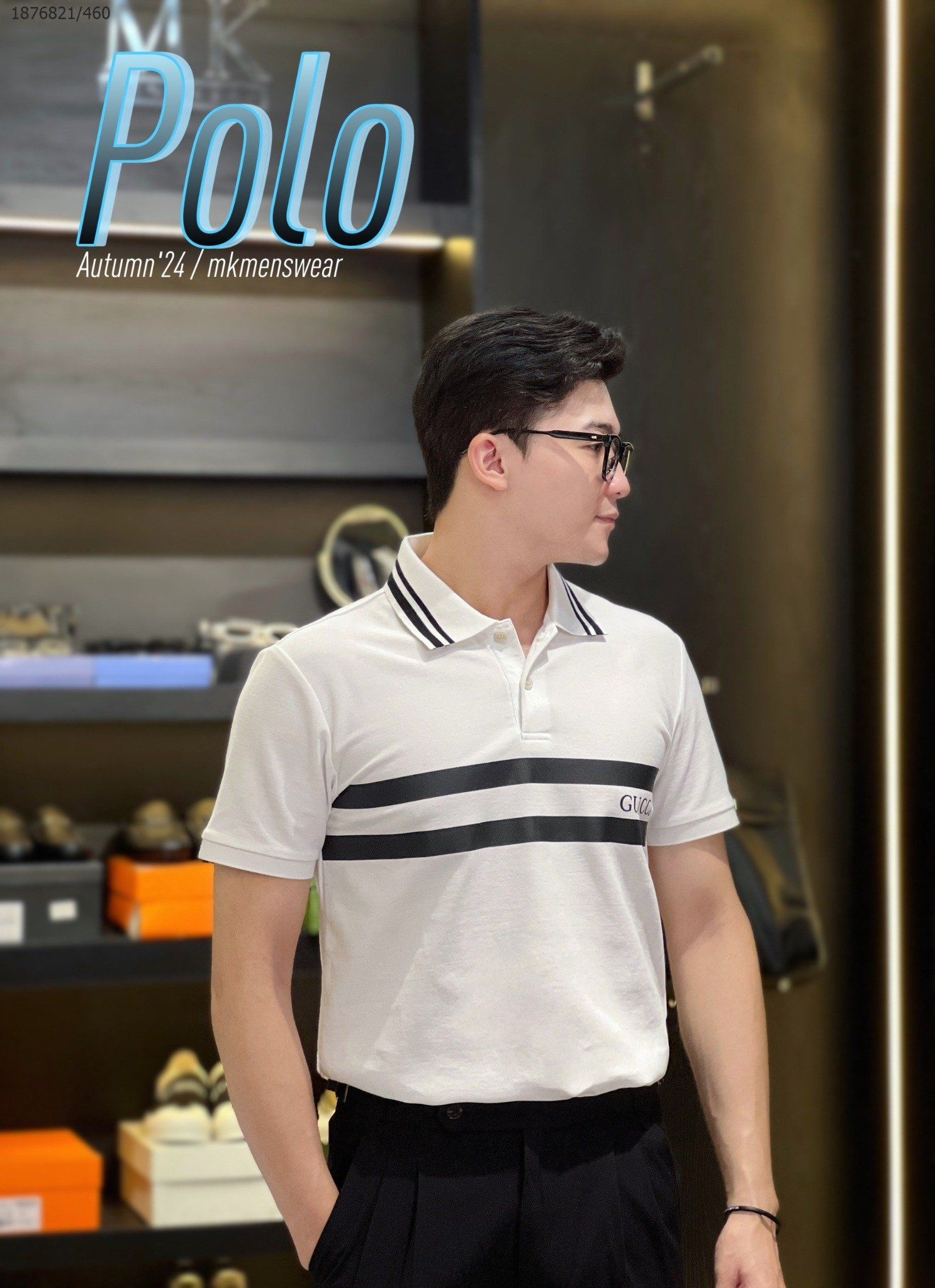 MK Áo Polo Ngắn Tay Nam Nữ G Màu Trắng Cải Cổ Kẻ Ngang Ngữ 24