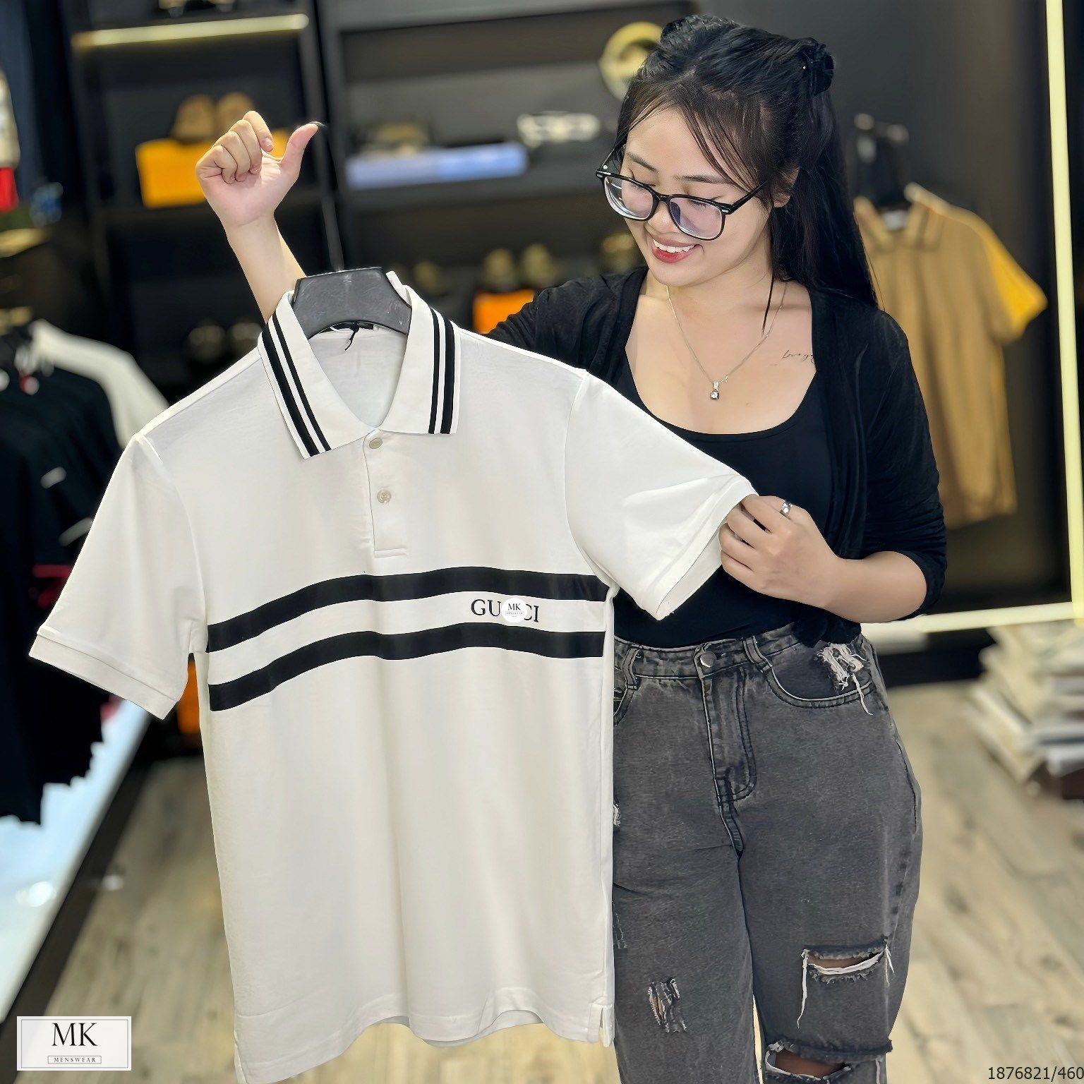 MK Áo Polo Ngắn Tay Nam Nữ G Màu Trắng Cải Cổ Kẻ Ngang Ngữ 24