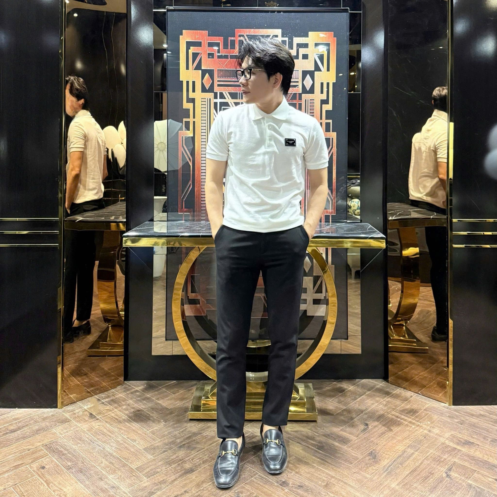Polo Ngắn Tay Nam Logo Ngưc Trắng/Đen 25