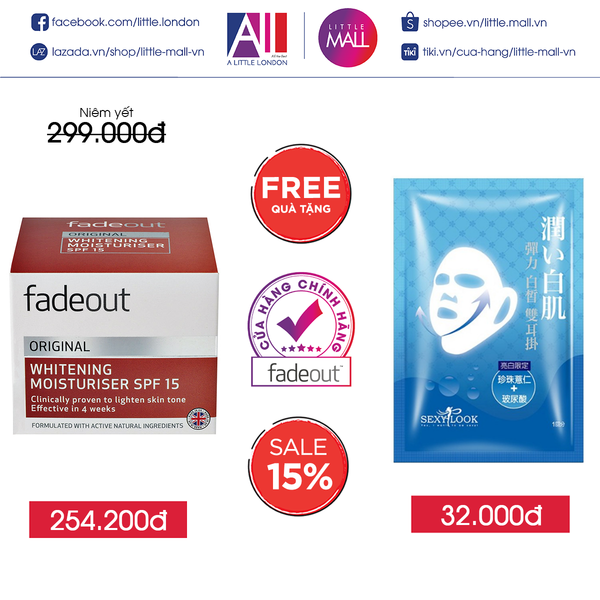 Kem dưỡng trắng da Fadeout original whitening moisturiser SPF15 50ml TẶNG mặt nạ Sexylook (Nhập khẩu)