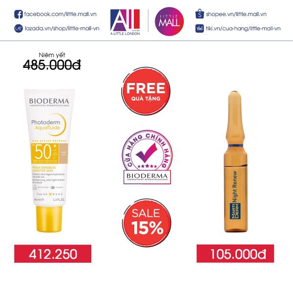 Kem chống nắng giảm bóng nhờn Bioderma Photoderm Aquafluide SPF50+ Claire 40ml tông tự nhiên TẶNG Ampoule chống lão hóa Martiderm (Nhập khẩu)