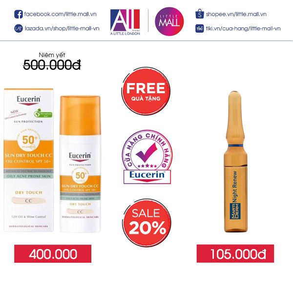 Kem chống nắng kiềm dầu, có màu Eucerin Sun Dry Touch CC Oil Control SPF50+ 50ml TẶNG Ampoule chống lão hóa Martiderm ( Nhập khẩu )