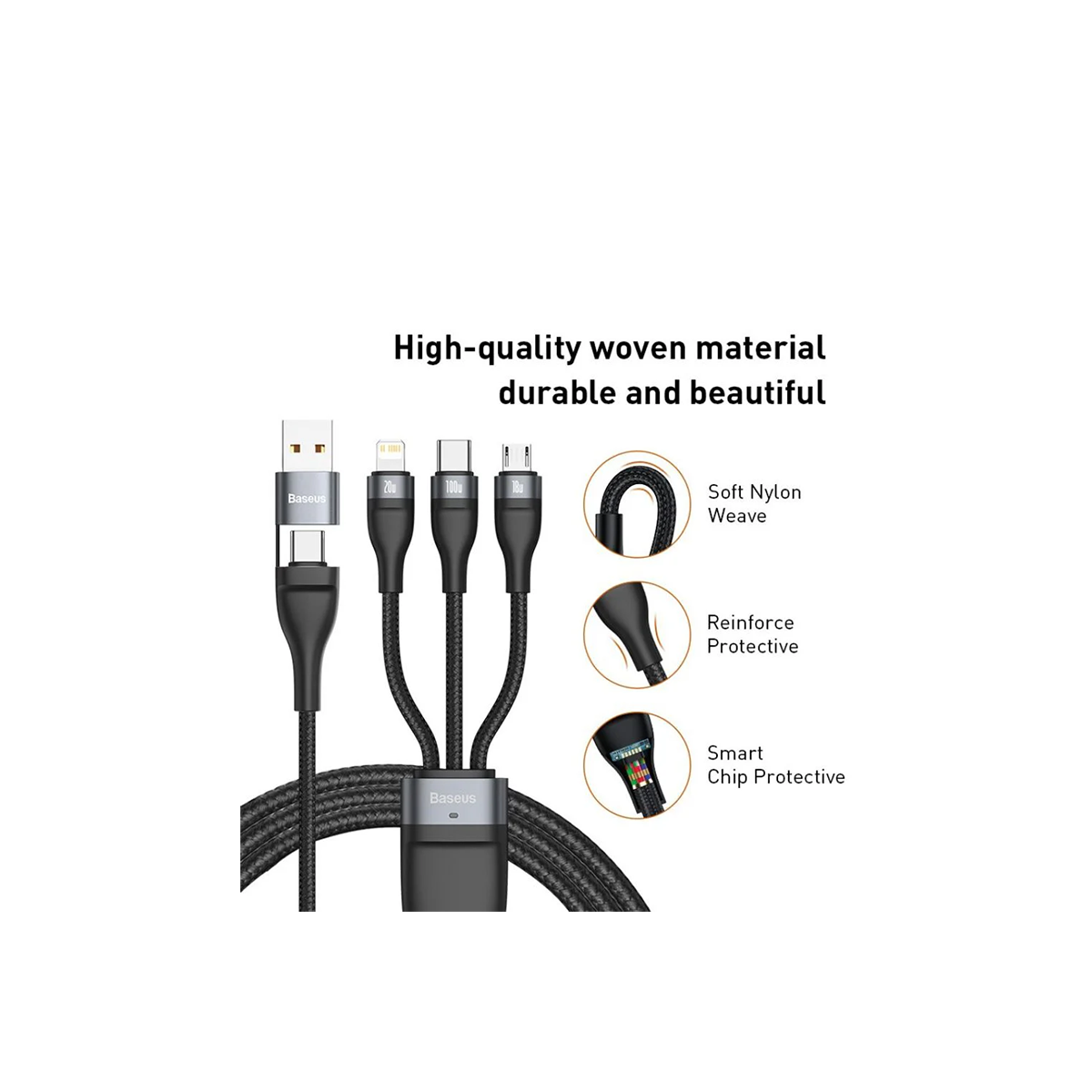 Cáp Sạc Baseus 2 In 3 (U+C to M+L+C 100W 1.2m)