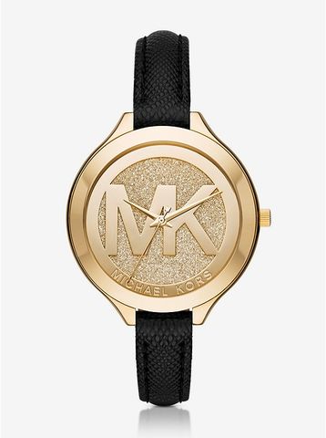 Slim Runway Pavé Gold-Tone and Leather Watch MK2392