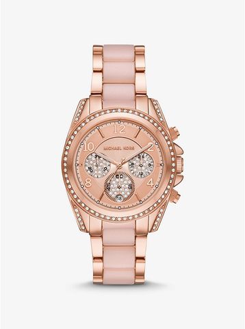 Oversized Blair Pavé Rose Gold-Tone and Acetate Watch MK6763