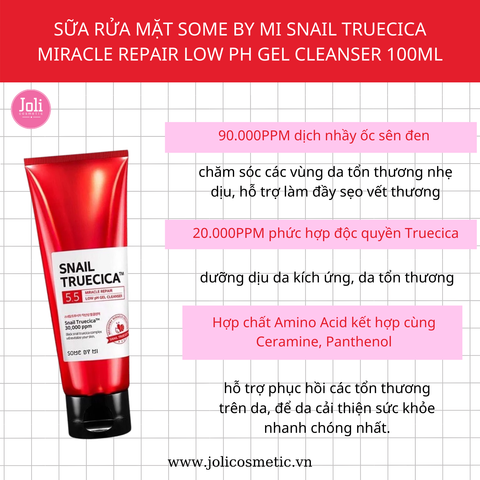 Sữa Rửa Mặt Dưỡng Ẩm Phục Hồi Da Some By Mi Snail Truecica Miracle Repair Low PH Gel Cleanser 100ml