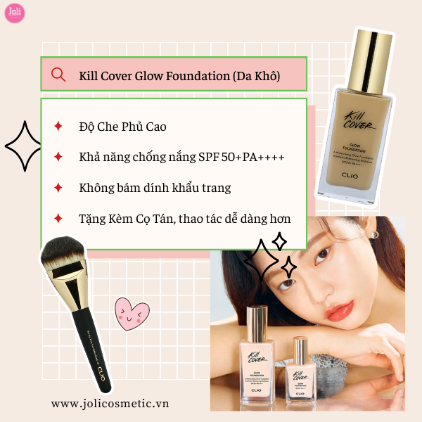 Kem Nền Clio Kill Cover Glow Foundation SPF50+ PA++++ 38g (Tặng Kèm Cọ)