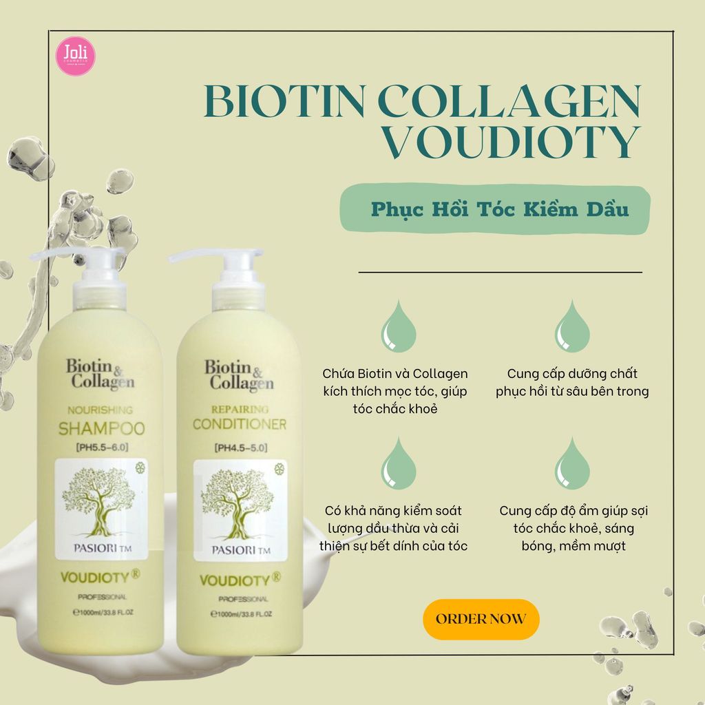 Dầu Gội & Xả Biotin Collagen Voudioty Phục Hồi Tóc Kiềm Dầu (Xanh Lá)