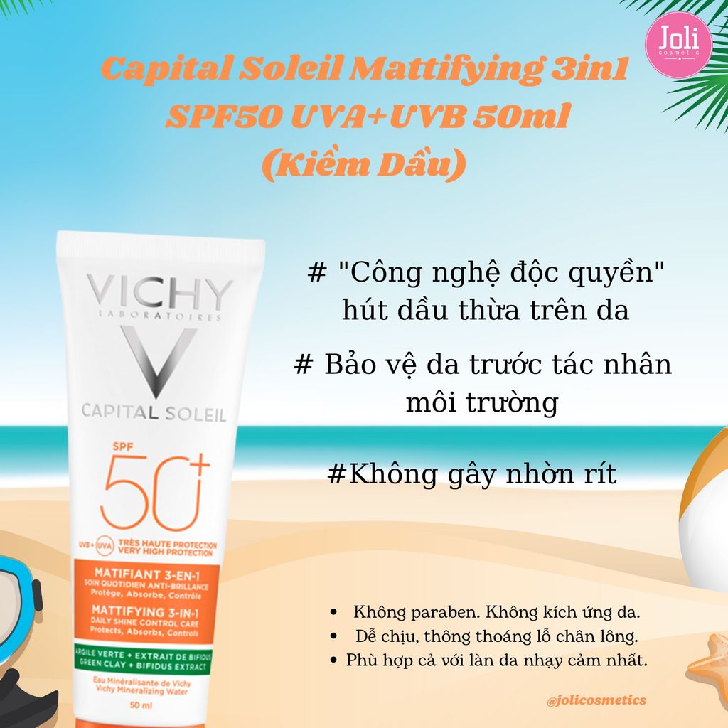 Kem Chống Nắng Kiềm Dầu Vichy SPF50+ Capital Soleil Mattifying 3in1 50ml