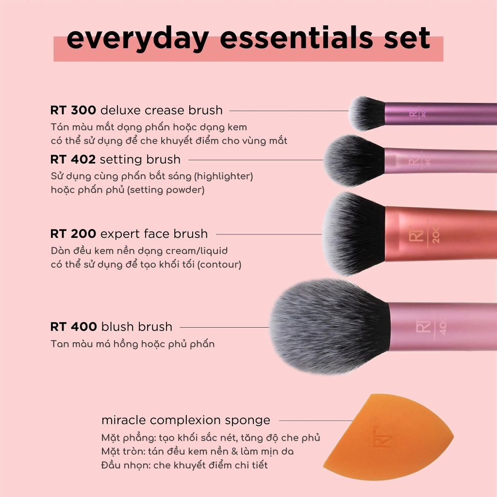 Bộ Cọ Kèm Mút Trang Điểm Real Techniques (1 Mút + 4 Cọ) Everyday Essentials