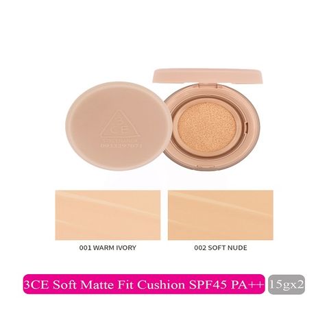 Phấn Nước che phủ hoàn hảo cho da dầu 3CE Soft Matte Fit Cushion SPF45 tặng kèm lõi