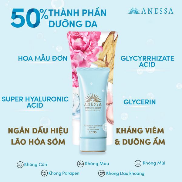 Gel Chống Nắng Anessa Da Nhạy Cảm Moisture UV Sunscreen Mild Gel For Senstive SPF35 PA+++ 90G