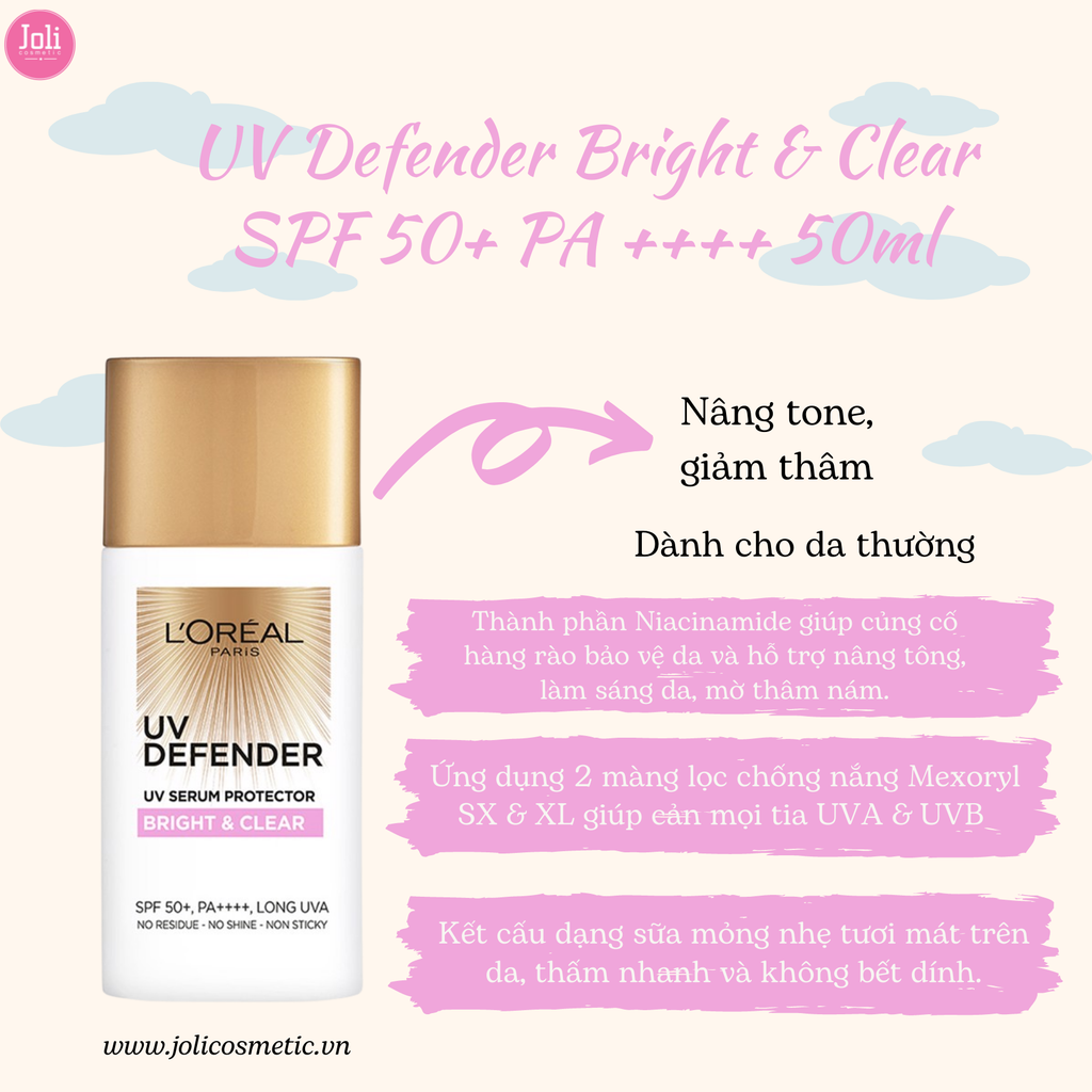 Kem Chống Nắng Loreal Nâng Tông Giảm Thâm UV Defender Bright & Clear SPF 50+ PA ++++ 50ml