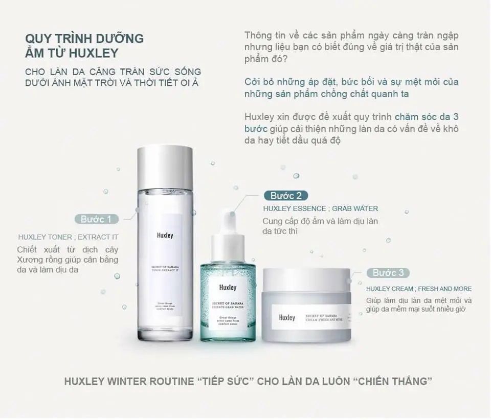 Bộ Dưỡng Ẩm Tái Tạo Da 3 Món Huxley Hydration Trio Set