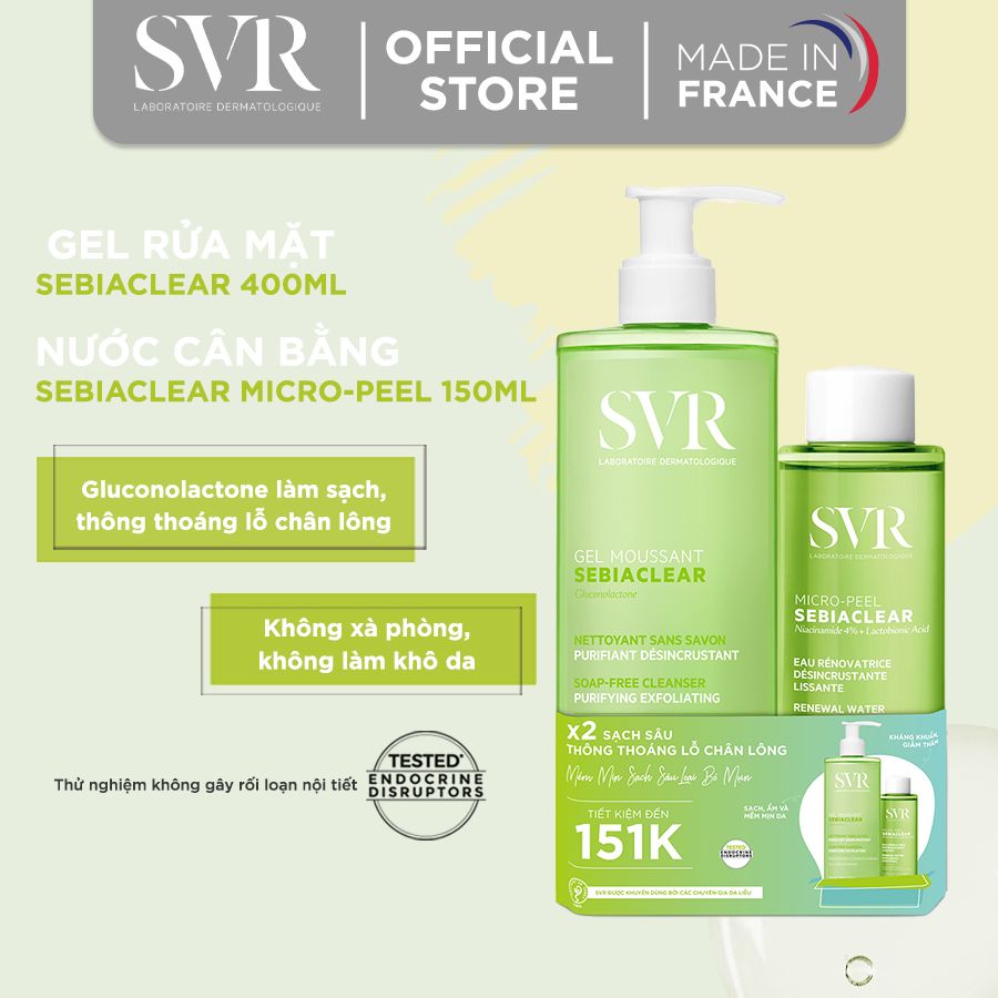 [Combo] Sữa Rửa Mặt SVR Sebiaclear Gel Moussant 400ml + Toner Làm Sạch Da Dầu Mụn SVR Sebiaclear Micro Peel 150ml