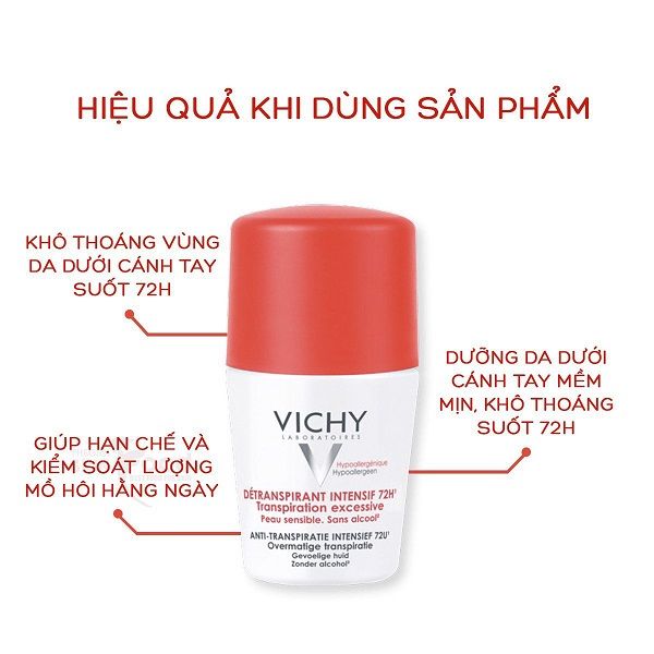 Lăn Khử Mùi Ngăn Mồ Hôi Giữ Khô Thoáng Suốt 72h Vichy Déodorant Detranspirant Intensif 50ml