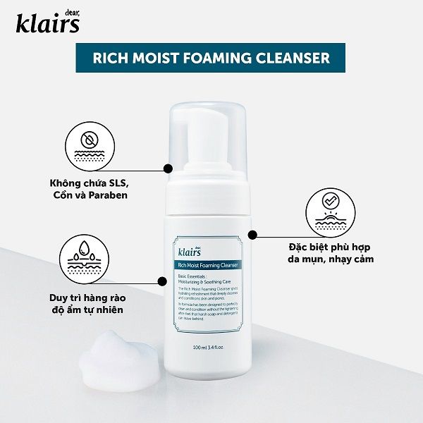 Sữa Rửa Mặt Dạng Bọt Dưỡng Ẩm Làm Mềm Da Klairs Rich Moist Foaming Cleanser 100ml