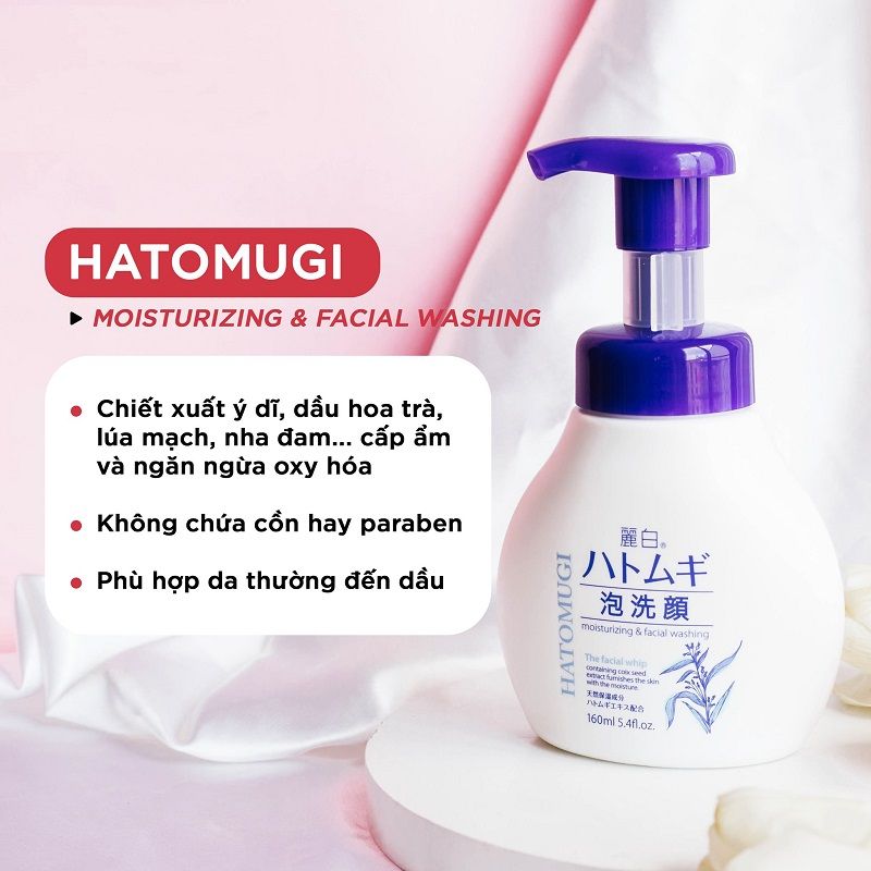 Sữa Rửa Mặt Ý Dĩ Tạo Bọt Dưỡng Ẩm Sáng Da Hatomugi The Facial Whip 160ml