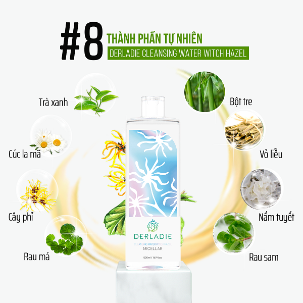 Nước Tẩy Trang Derladie Ngừa Mụn Làm Sạch Da 500ml Cleansing Water Witch Hazel