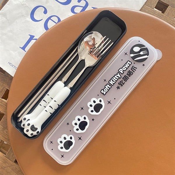 Set thìa đũa dĩa chân mèo có hộp