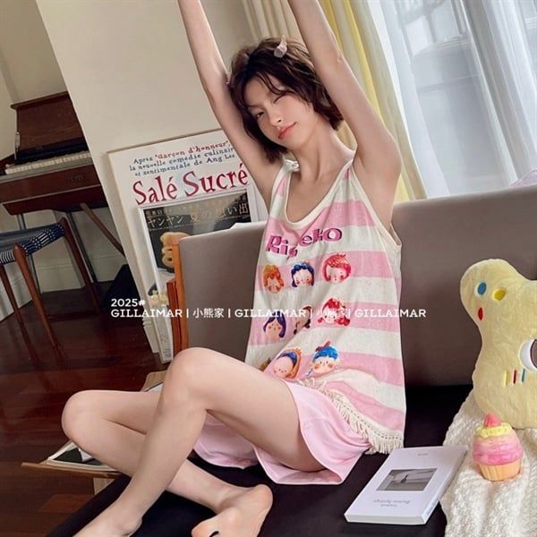 Bộ ngủ Gill Aimar ba lỗ 9 bé gái kẻ ngang