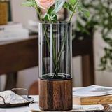 Lọ hoa thuỷ tinh dáng trụ đế gỗ