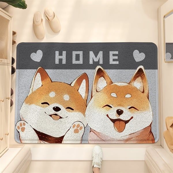 Thảm nhựa xoắn cửa ra vào 2 cún Shiba 45x75cm
