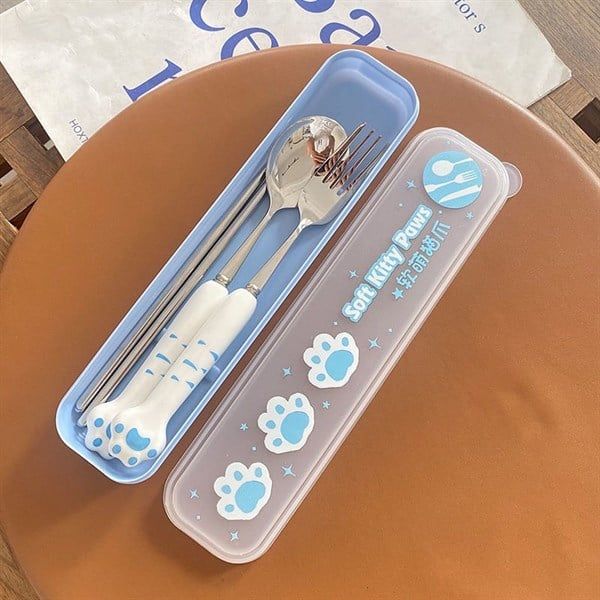 Set thìa đũa dĩa chân mèo có hộp