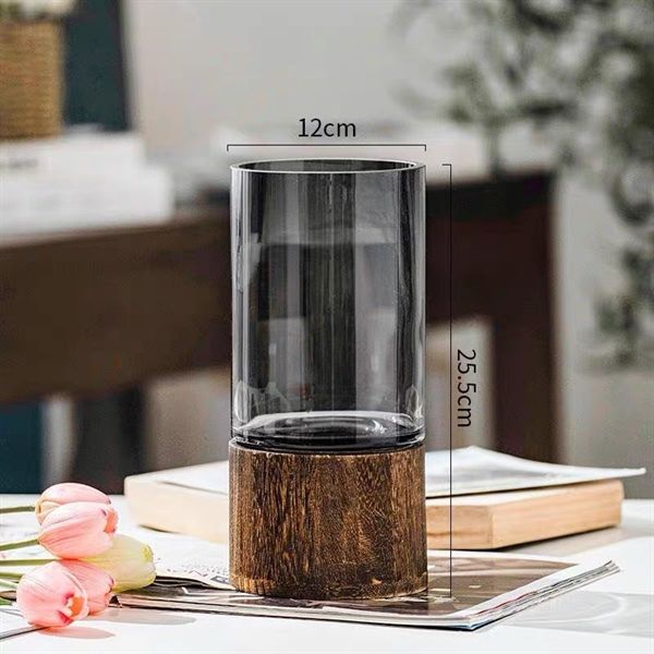 Lọ hoa thuỷ tinh dáng trụ đế gỗ