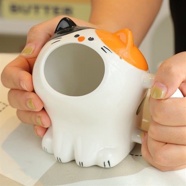 Cốc sứ mèo há miệng kèm ống hút