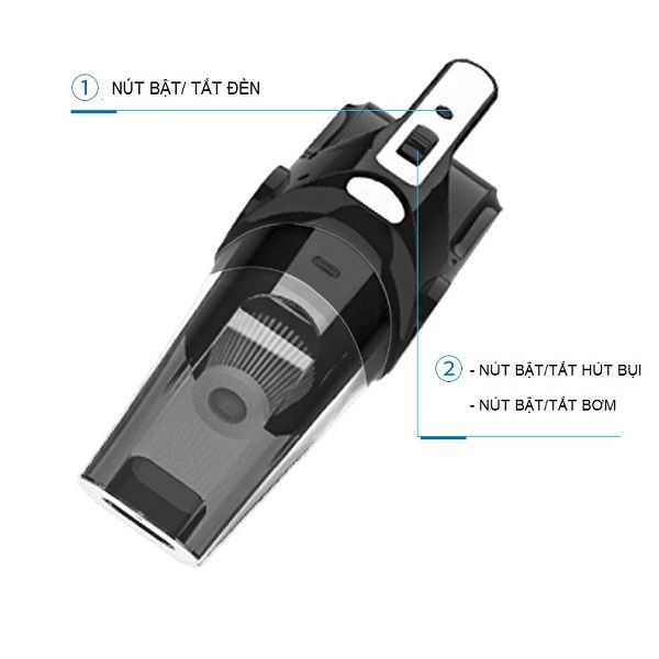 Máy Hút Bụi Kiêm Bơm Lốp Ô Tô DC12V 4 in 1 – Hút Bụi, Bơm Lốp Ô Tô, Đèn Chiếu Sáng, Đo Áp Suất Lốp; Bảo Hành 6 Tháng