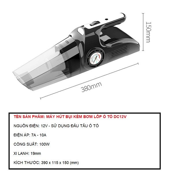 Máy Hút Bụi Kiêm Bơm Lốp Ô Tô DC12V 4 in 1 – Hút Bụi, Bơm Lốp Ô Tô, Đèn Chiếu Sáng, Đo Áp Suất Lốp; Bảo Hành 6 Tháng