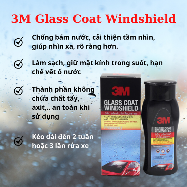 Chống Bám Nước Kính Ô Tô 3M Glass Coat Windshield, Hạn Chế Vết Ố Nước, PN08889LT 200ml