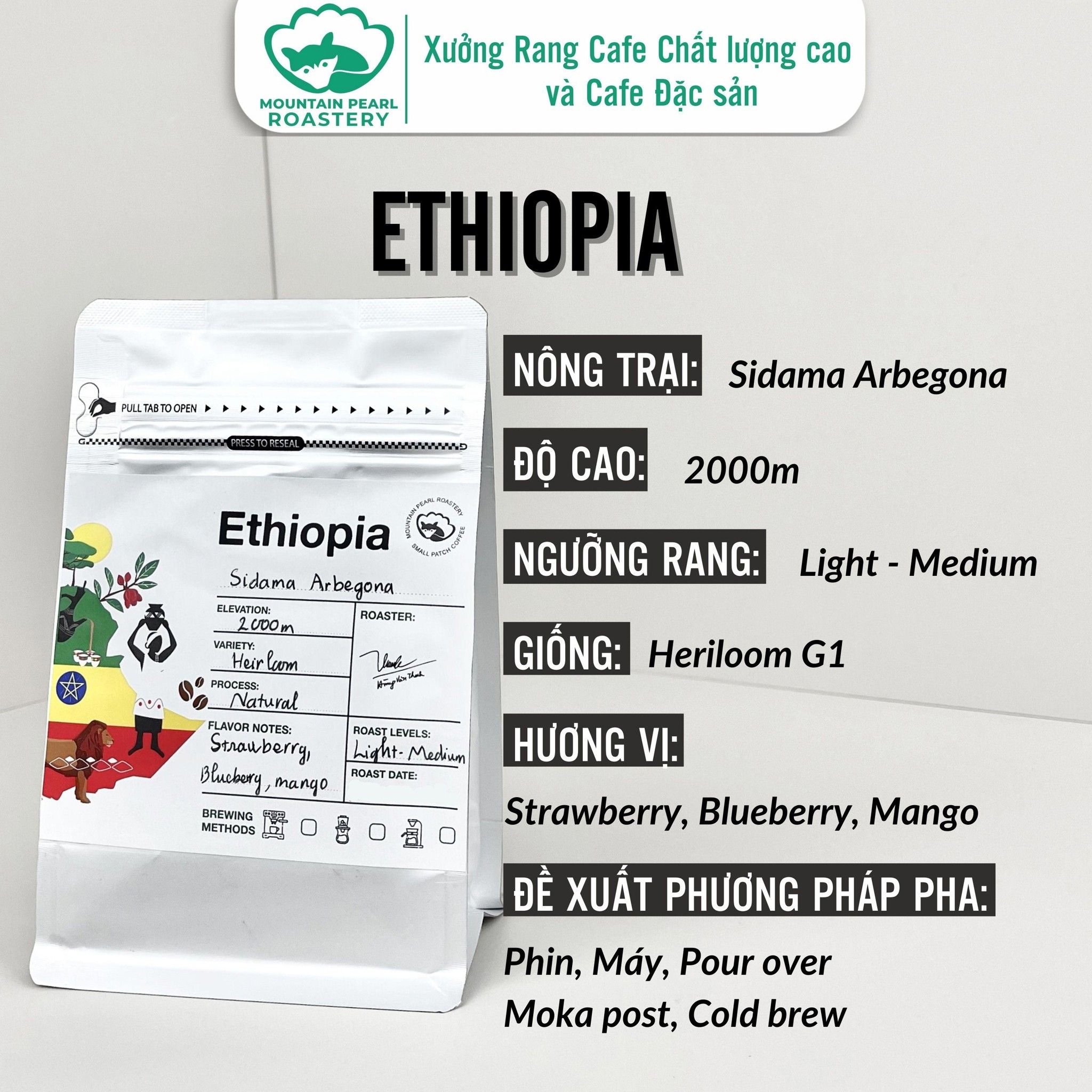 Cà Phê Đặc Sản Ethiopia Sidama Arbegona Vị Strawberry, Blueberry, Mango - Mountain Pearl Roastery Coffee