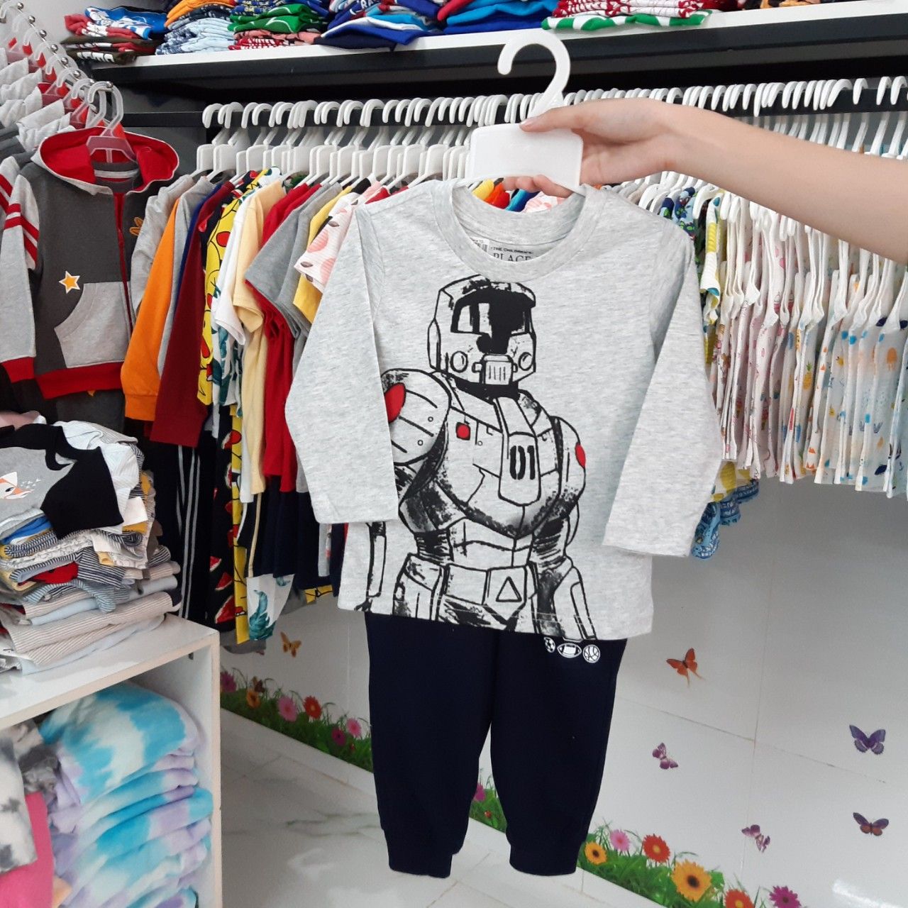 Bộ Tay Dài Bé Trai Place Xám Người Máy