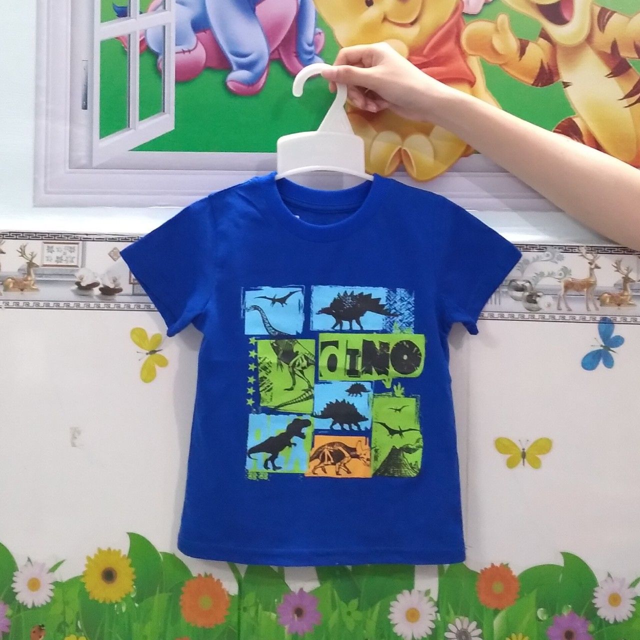 Áo Cộc Tay Bé Trai Min Max Xanh Coban Khủng Long Dino
