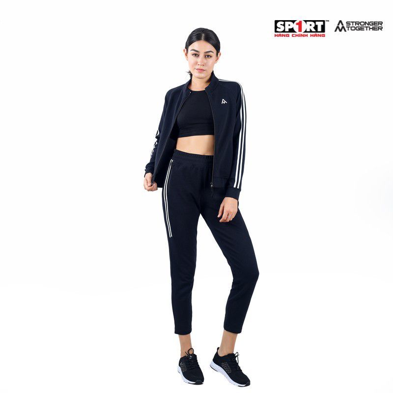 Bộ nỉ AM nữ 2 sọc trắng WTS001 màu Black